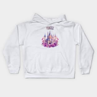 Princess Pink Purple Dreamy Castle with Flowers Watercolor Art Kids Hoodie